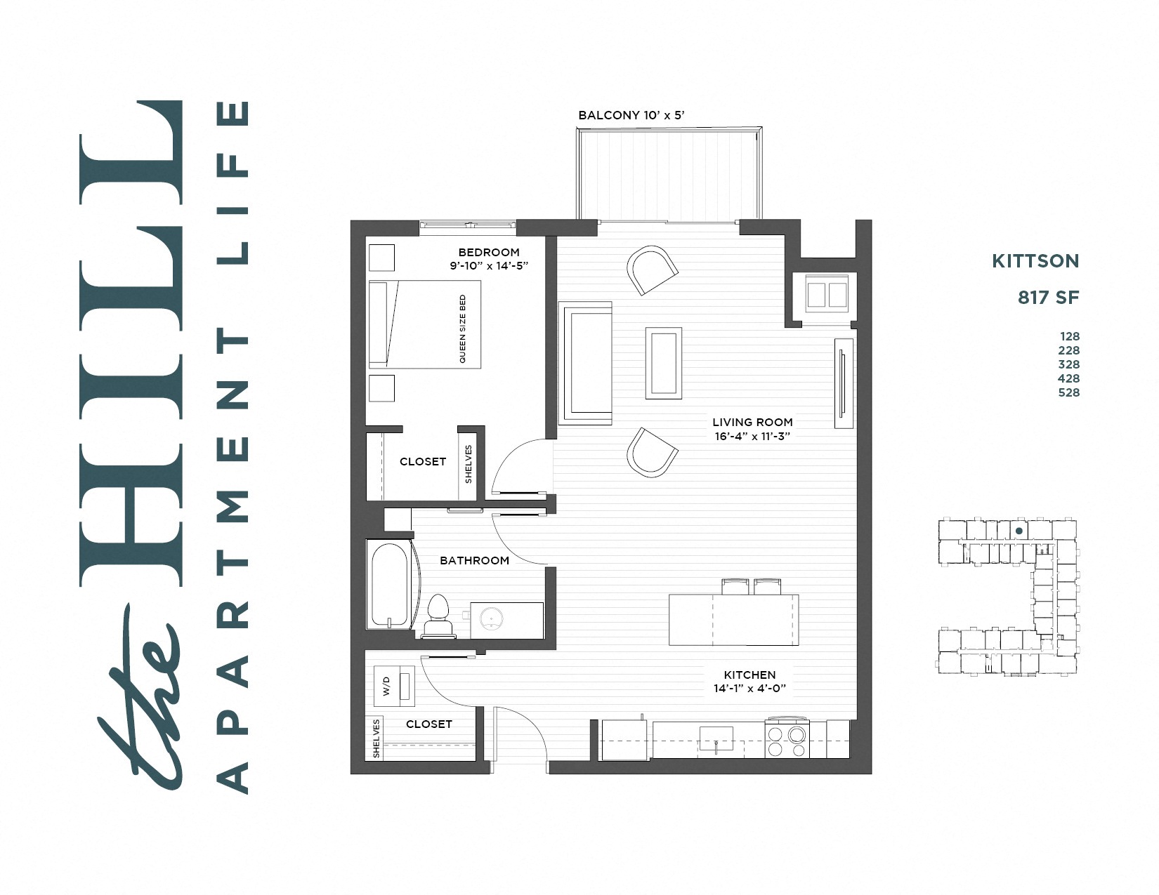 Floor plan for 1 bed, 1 bath, 817 sqft